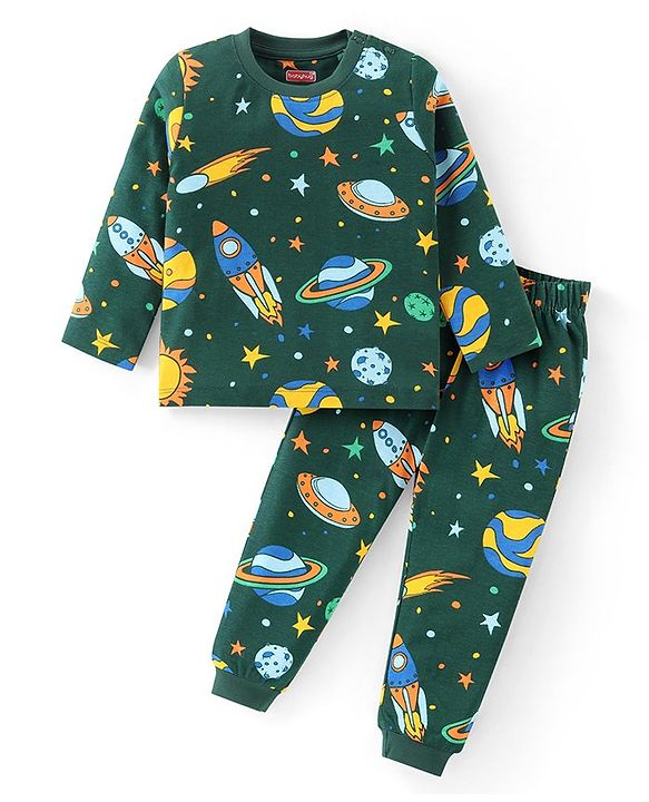 Babyhug Cotton Knit Full Sleeves Night Suit With Space Theme Print - Dark Green