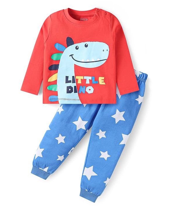 Babyhug Cotton Knit Full Sleeves Night Suit With Dino Print - Red & Blue