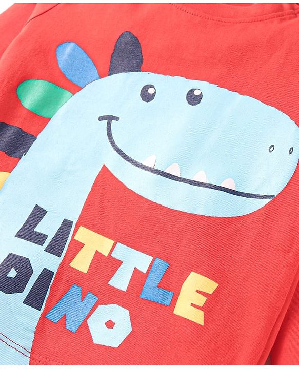 Babyhug Cotton Knit Full Sleeves Night Suit with Dino Print - Red & Blue