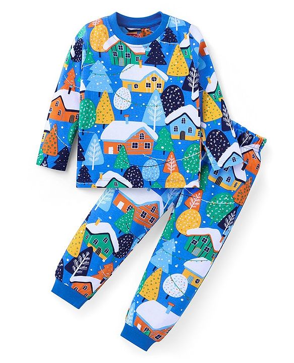 Babyhug Full Sleeves Night Suit with Christmas Theme Print -  Blue