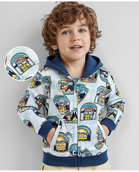Babyhug Cotton Knit Full Sleeves Hooded Sweatjacket With Animals Print - White