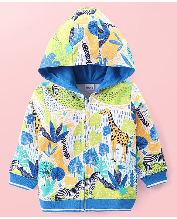 Babyhug Cotton Knit Full Sleeves Hooded Sweatjacket with Giraffe Print - Blue