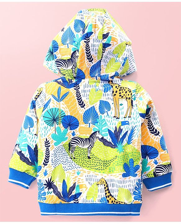 Babyhug Cotton Knit Full Sleeves Hooded Sweatjacket with Giraffe Print - Blue