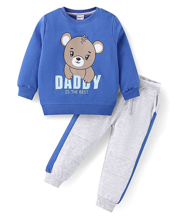 Babyhug Terry Knit Full Sleeves T-Shirt & Lounge Pant Set with Text & Bear Print - Royal Blue & Grey
