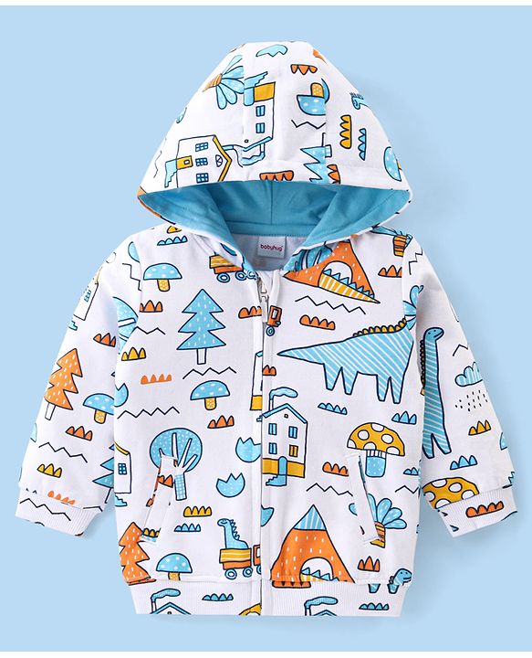 Babyhug Cotton Knit Full Sleeves Front Open Hooded Sweatjacket with Dino Print - White