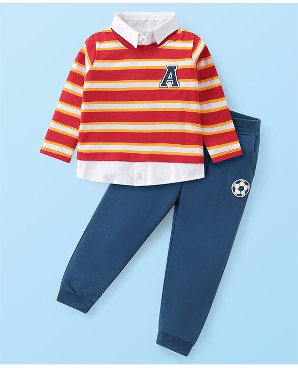 Babyhug Cotton Knit Full Sleeves Striped Overlapped T-Shirt & Lounge Pants Set With Appliques - Red & Blue