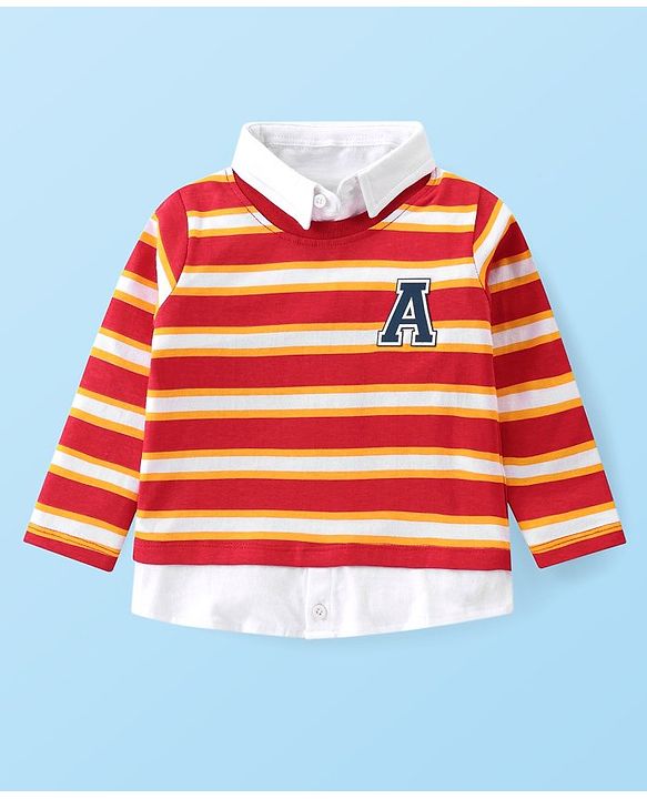 Babyhug Cotton Knit Full Sleeves Striped Overlapped T-Shirt & Lounge Pants Set With Appliques - Red & Blue
