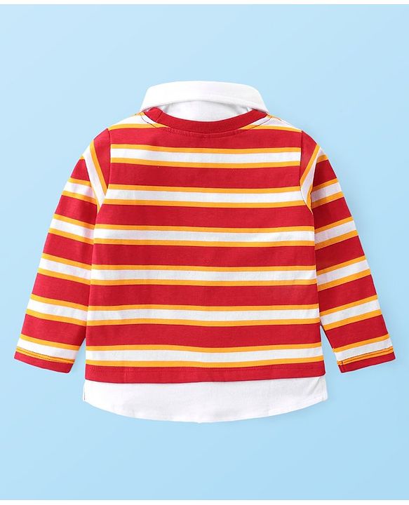 Babyhug Cotton Knit Full Sleeves Striped Overlapped T-Shirt & Lounge Pants Set With Appliques - Red & Blue