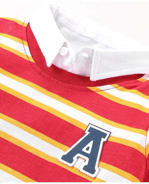 Babyhug Cotton Knit Full Sleeves Striped Overlapped T-Shirt & Lounge Pants Set With Appliques - Red & Blue
