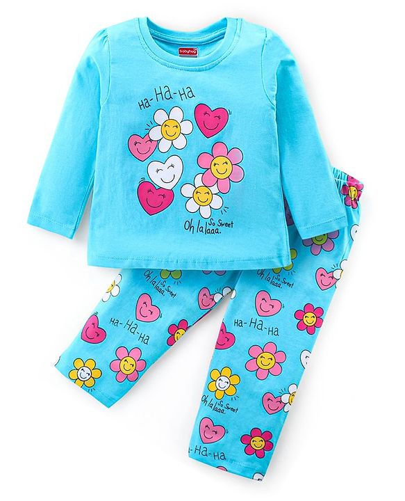 Babyhug Cotton Knit Full Sleeves Night Suit with Floral Print - Light Blue