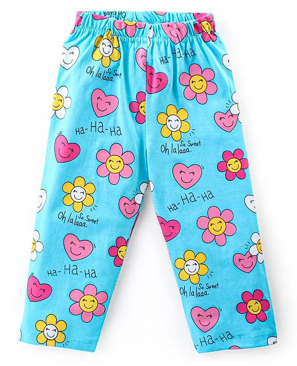 Babyhug Cotton Knit Full Sleeves Night Suit With Floral Print - Light Blue