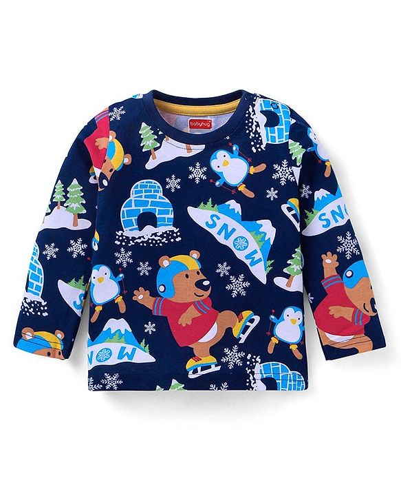 Babyhug Cotton Knit Full Sleeves T-Shirts with Stripes & Animal Graphics Pack of 5 - Blue Maroon & Yellow
