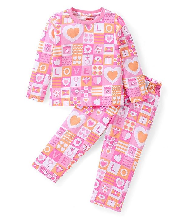 Babyhug Cotton Knit Full Sleeves Heart Printed Night Suit - Pink