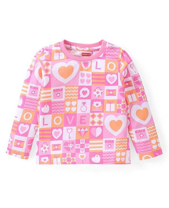 Babyhug Cotton Knit Full Sleeves Heart Printed Night Suit - Pink