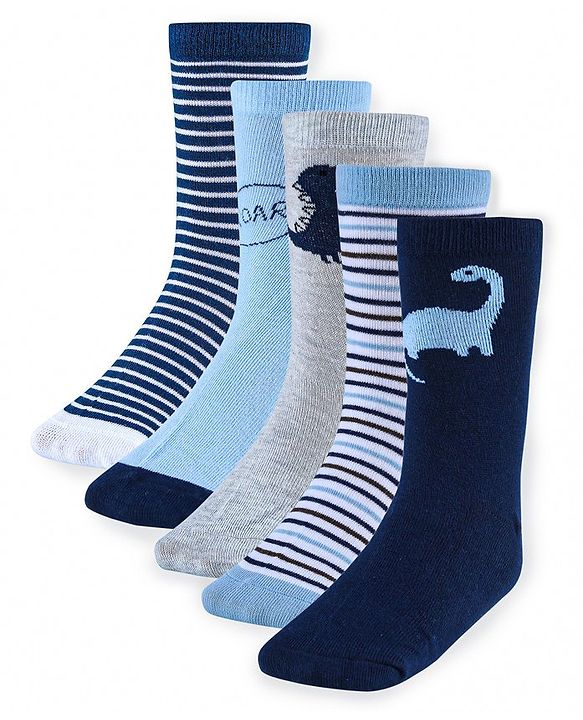 Cute Walk by Babyhug Anti-Bacterial Ankle Length Socks with Stripes & Lion Design Pack of 5 - Blue