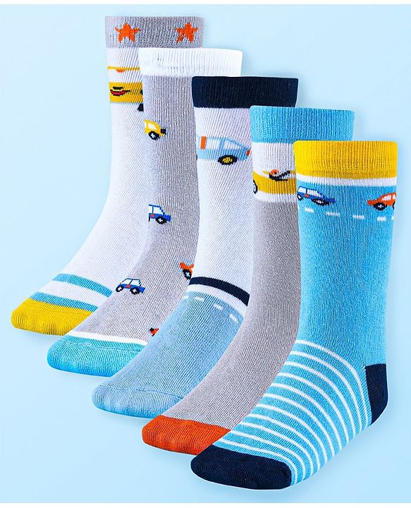 Cute Walk by Babyhug Anti-Bacterial Ankle Length Socks with Stripes & Car Design Pack of 5 - Blue