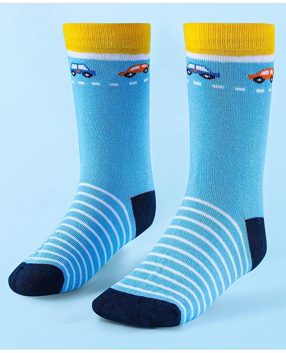 Cute Walk by Babyhug Anti-Bacterial Ankle Length Socks with Stripes & Car Design Pack of 5 - Blue