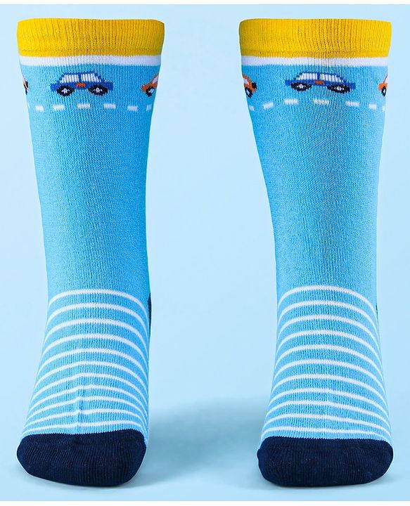 Cute Walk by Babyhug Anti-Bacterial Ankle Length Socks with Stripes & Car Design Pack of 5 - Blue
