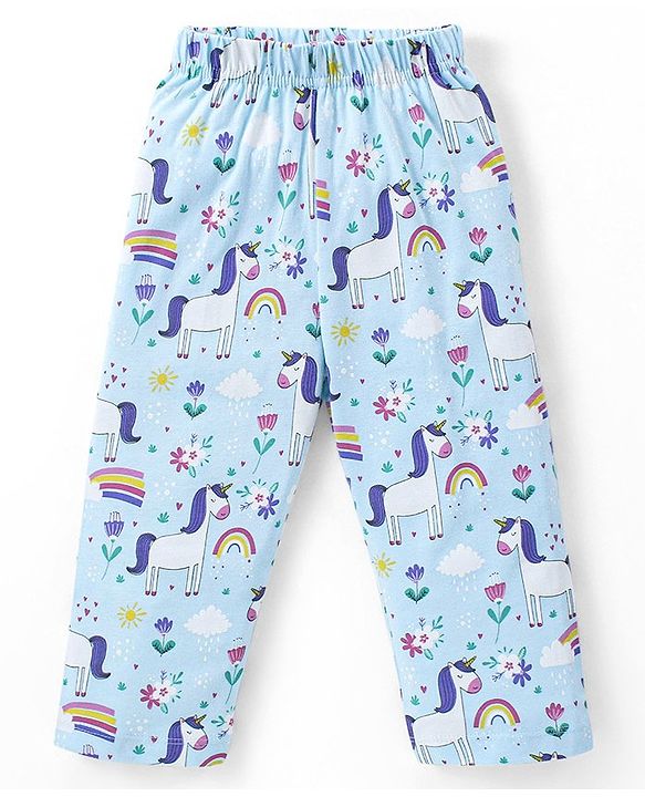 Babyhug Cotton Knit Full Sleeves Night Suit With Unicorn & Floral Print - Blue