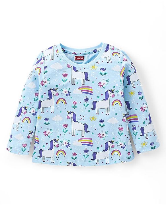 Babyhug Cotton Knit Full Sleeves Night Suit With Unicorn & Floral Print - Blue