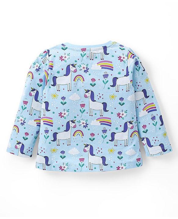 Babyhug Cotton Knit Full Sleeves Night Suit With Unicorn & Floral Print - Blue