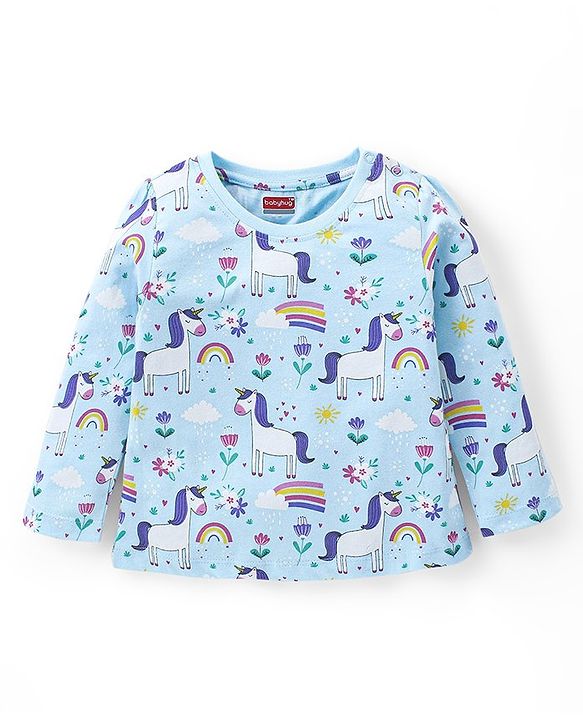 Babyhug Cotton Knit Full Sleeves Night Suit With Unicorn & Floral Print - Blue