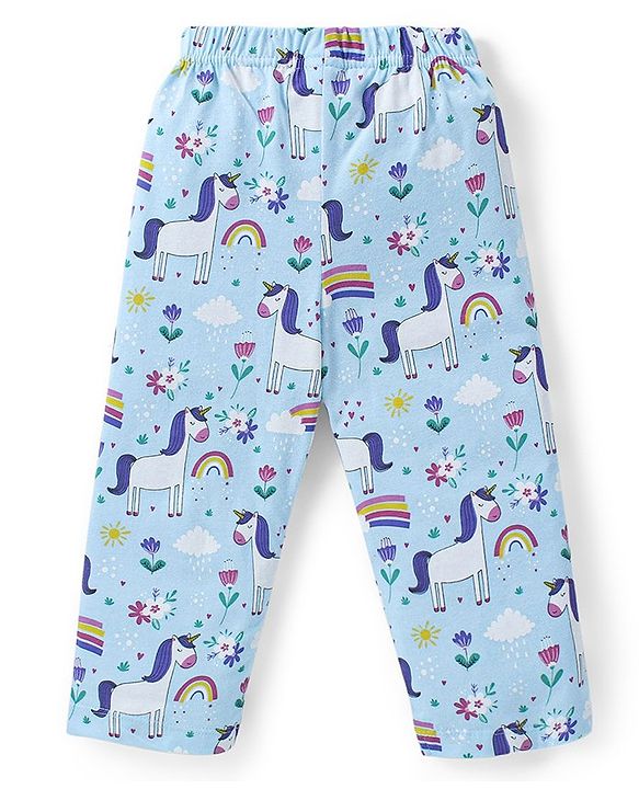 Babyhug Cotton Knit Full Sleeves Night Suit With Unicorn & Floral Print - Blue