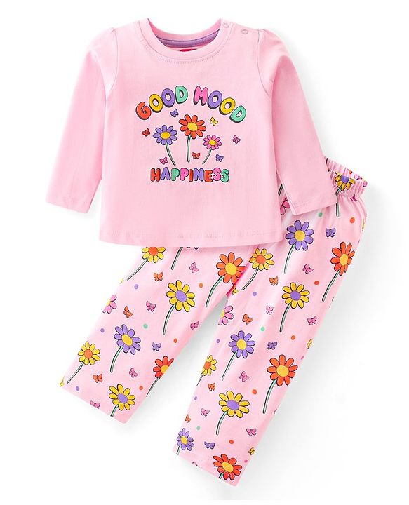 Babyhug Cotton Knit Full Sleeves Night Suit With Text & Floral Print - Pink