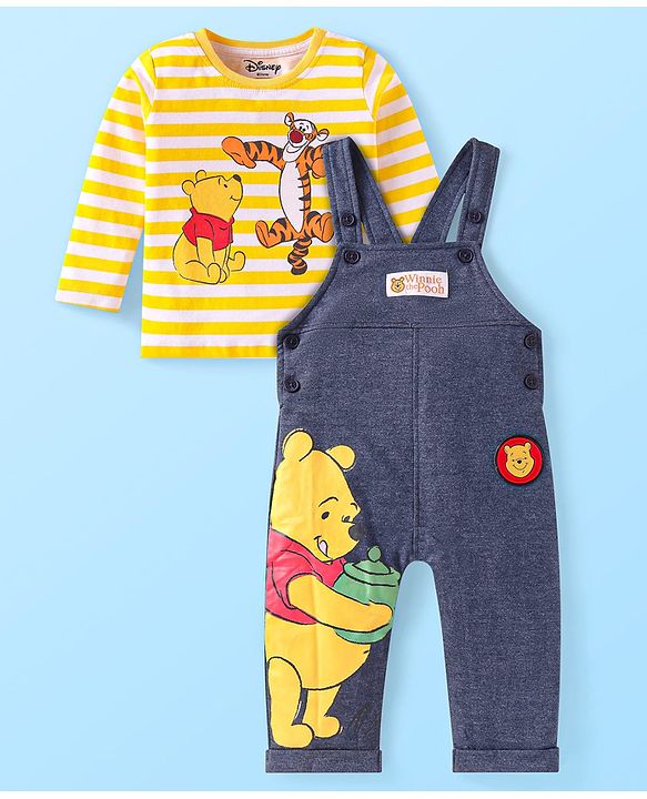 Babyhug Disney Cotton Knit Full Sleeves Striped Winnie The Pooh Printed T-Shirt & Dungaree Style Romper - Blue & Yellow