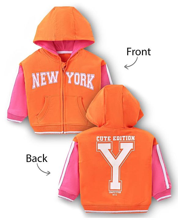 Babyhug Cotton Knit Full Sleeves Hooded Sweatjacket With Text Prints & kangaroo Pockets - Orange
