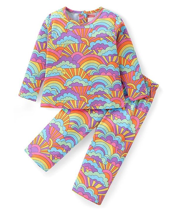 Babyhug Cotton Knit Full Sleeves Night Suit with Rainbow - Multicolour