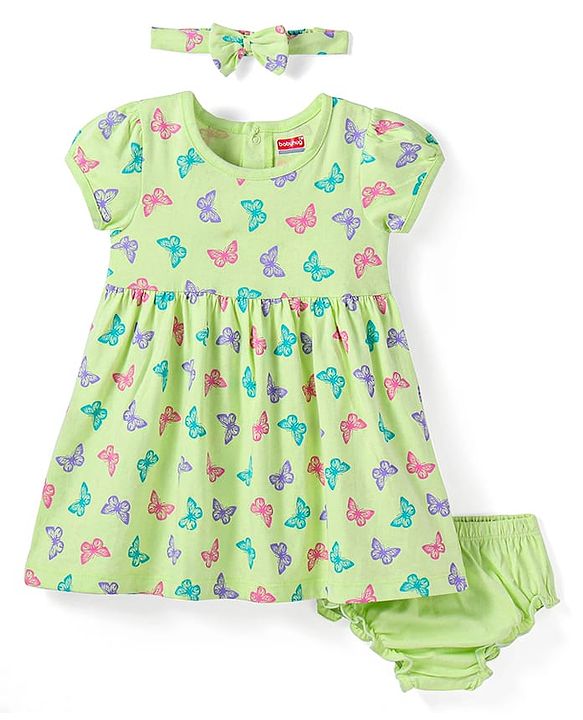 Babyhug Knit Half Sleeves Butterfly Printed Frock With Headband & Bloomer - Green