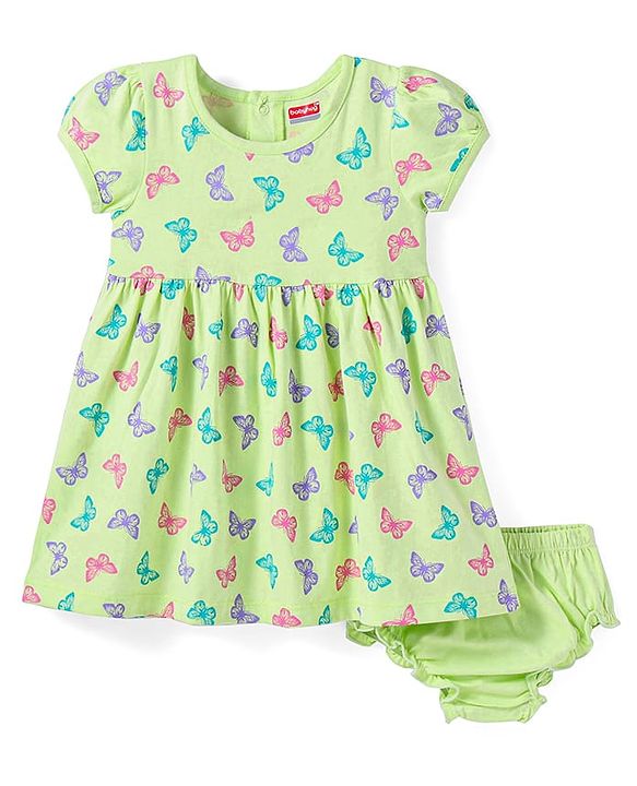 Babyhug Knit Half Sleeves Butterfly Printed Frock With Headband & Bloomer - Green