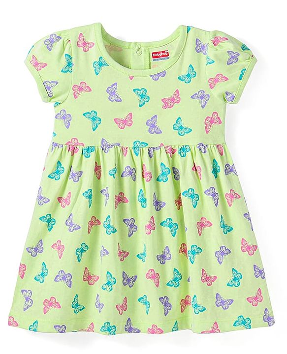 Babyhug Knit Half Sleeves Butterfly Printed Frock With Headband & Bloomer - Green
