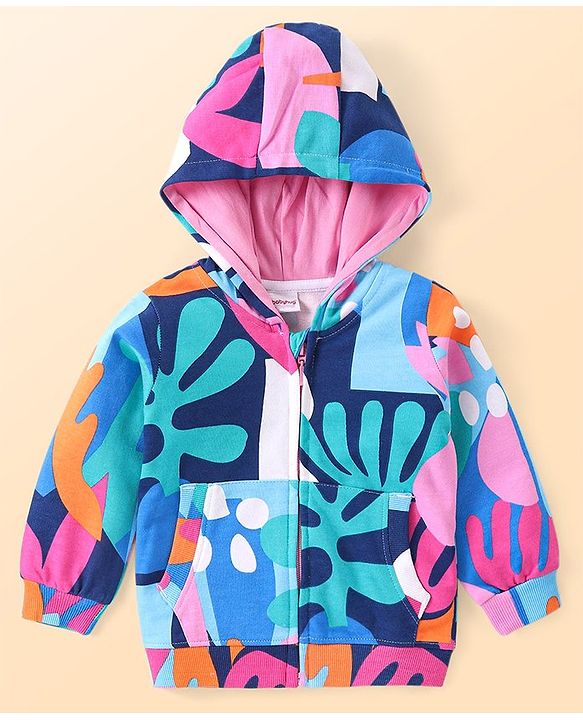 Babyhug Cotton Knit Full Sleeves Hooded Sweatjacket with Abstract Print & Kangaroo Pockets - Pink & Blue