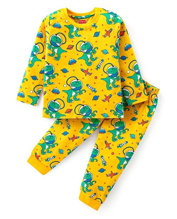 Babyhug Cotton Knit Full Sleeves Night Suit Dino Print- Yellow