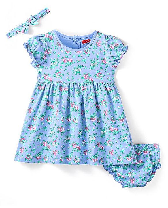 Babyhug Knit Half Cap Sleeves Floral Printed Frock With Headband & Bloomer - Light Blue