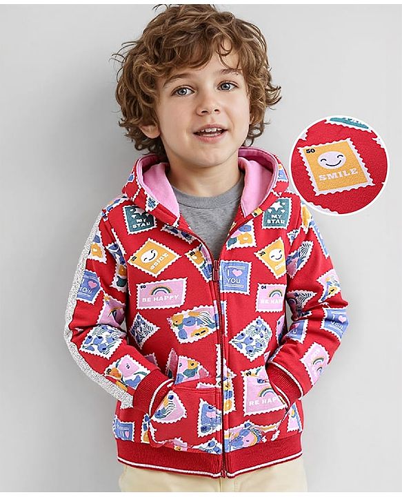 Babyhug Cotton Knit Full Sleeves Hooded Sweatjacket with Postcards Print - Red