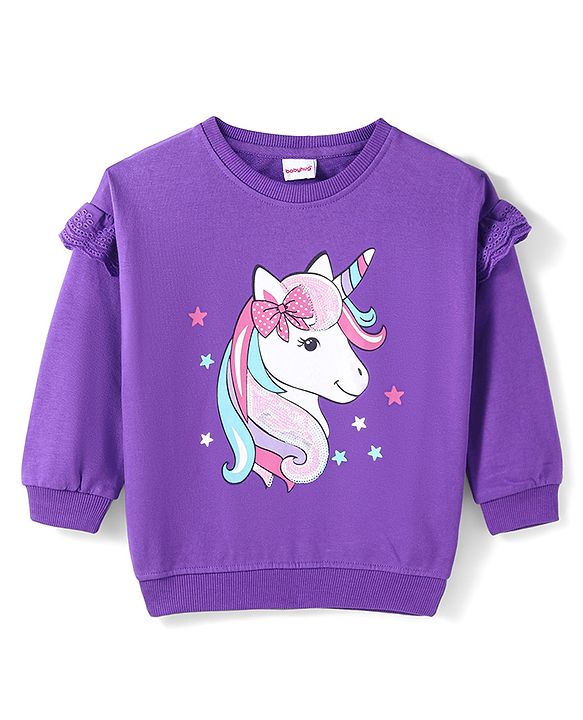 Babyhug Knit Full Drop Shoulder Sleeves Sweatshirt with Unicorn Graphics - Purple