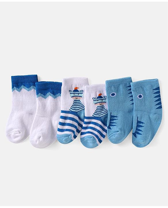Cute Walk by Babyhug Knit Ankle Length Anti Bacterial Socks with Stripes & Dino Design Pack of 3 - White & Light Blue
