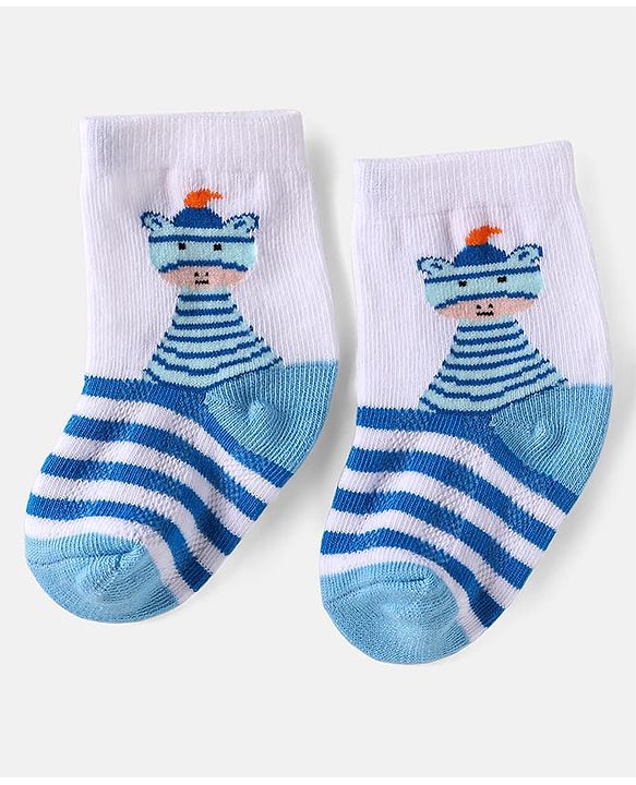 Cute Walk by Babyhug Knit Ankle Length Anti Bacterial Socks with Stripes & Dino Design Pack of 3 - White & Light Blue
