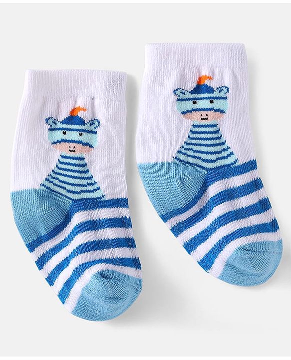 Cute Walk by Babyhug Knit Ankle Length Anti Bacterial Socks with Stripes & Dino Design Pack of 3 - White & Light Blue