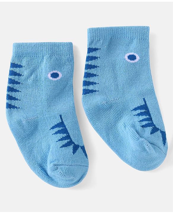 Cute Walk by Babyhug Knit Ankle Length Anti Bacterial Socks with Stripes & Dino Design Pack of 3 - White & Light Blue
