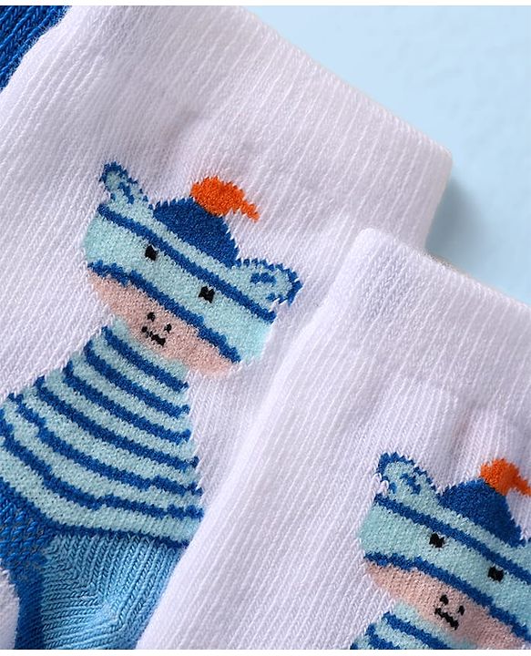 Cute Walk by Babyhug Knit Ankle Length Anti Bacterial Socks with Stripes & Dino Design Pack of 3 - White & Light Blue