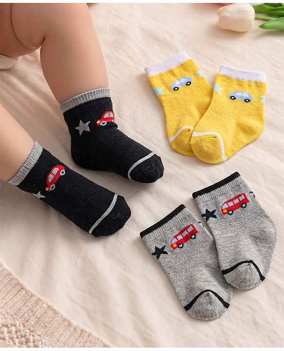 Cute Walk by Babyhug Knit Ankle Length Anti Bacterial Socks with Car Design Pack of 3 - Yellow Blue & Grey