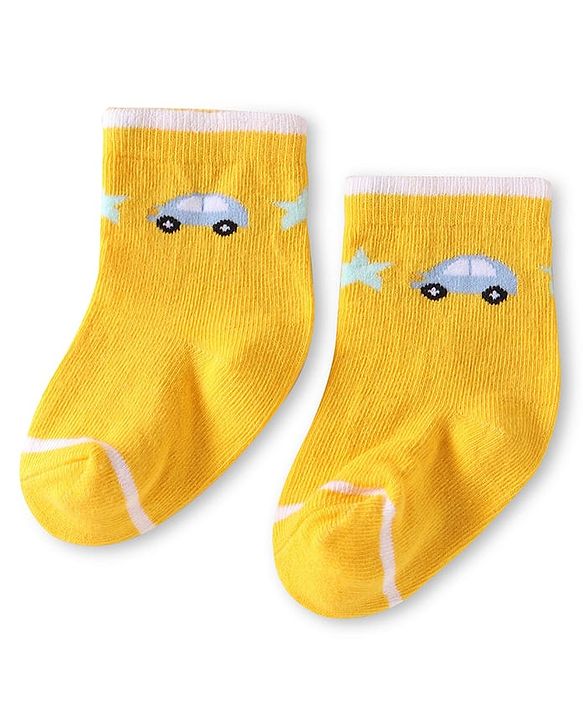 Cute Walk by Babyhug Knit Ankle Length Anti Bacterial Socks with Car Design Pack of 3 - Yellow Blue & Grey