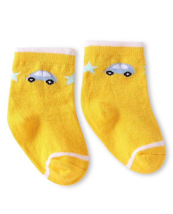 Cute Walk by Babyhug Knit Ankle Length Anti Bacterial Socks with Car Design Pack of 3 - Yellow Blue & Grey