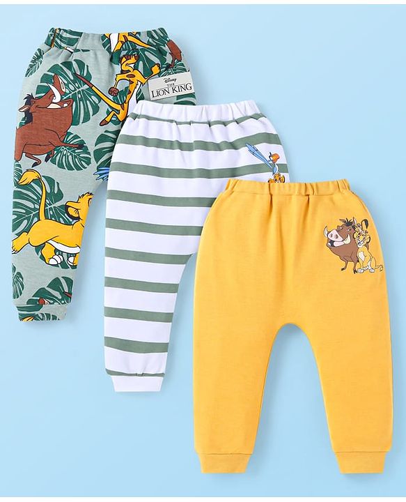 Babyhug Disney Interlock Knit Full Length Diaper Leggings With The Lion King Graphics Pack of 3 - Grey White & Yellow
