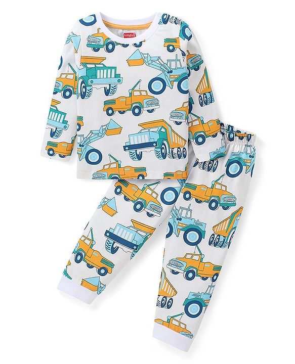 Babyhug Cotton Knit Full Sleeves Night Suit With Construction Vehicles Print - White