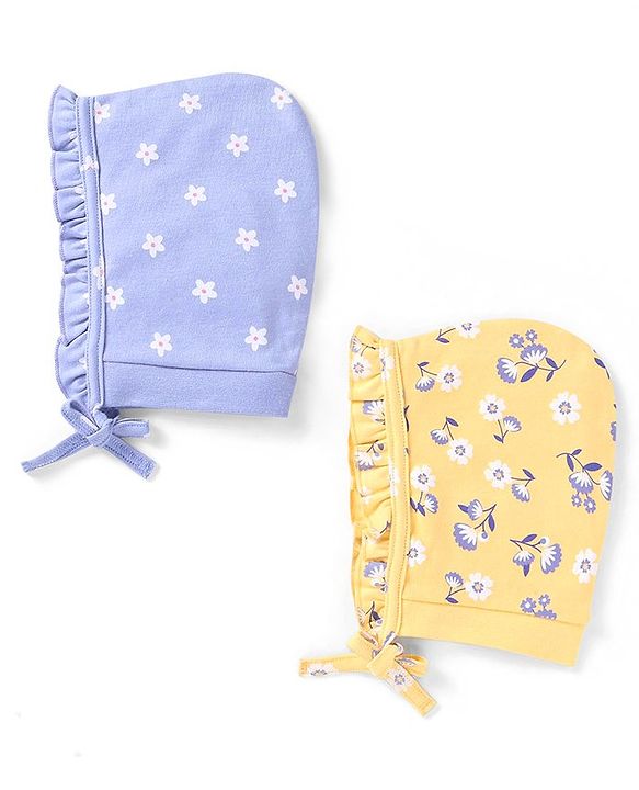 Babyhug 100% Cotton Knit Bonnet Cap Floral Printr Pack of 2 - Mustard & Blue